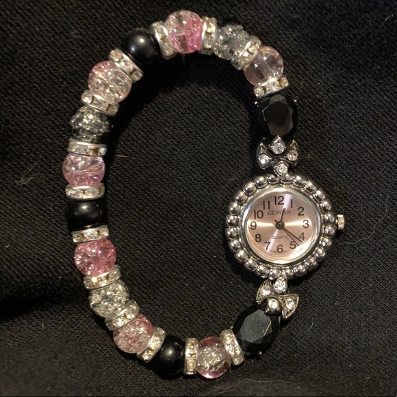 ONE OF A KIND: Black and Pink Beaded Stretch Watch - Picture 4 of 16